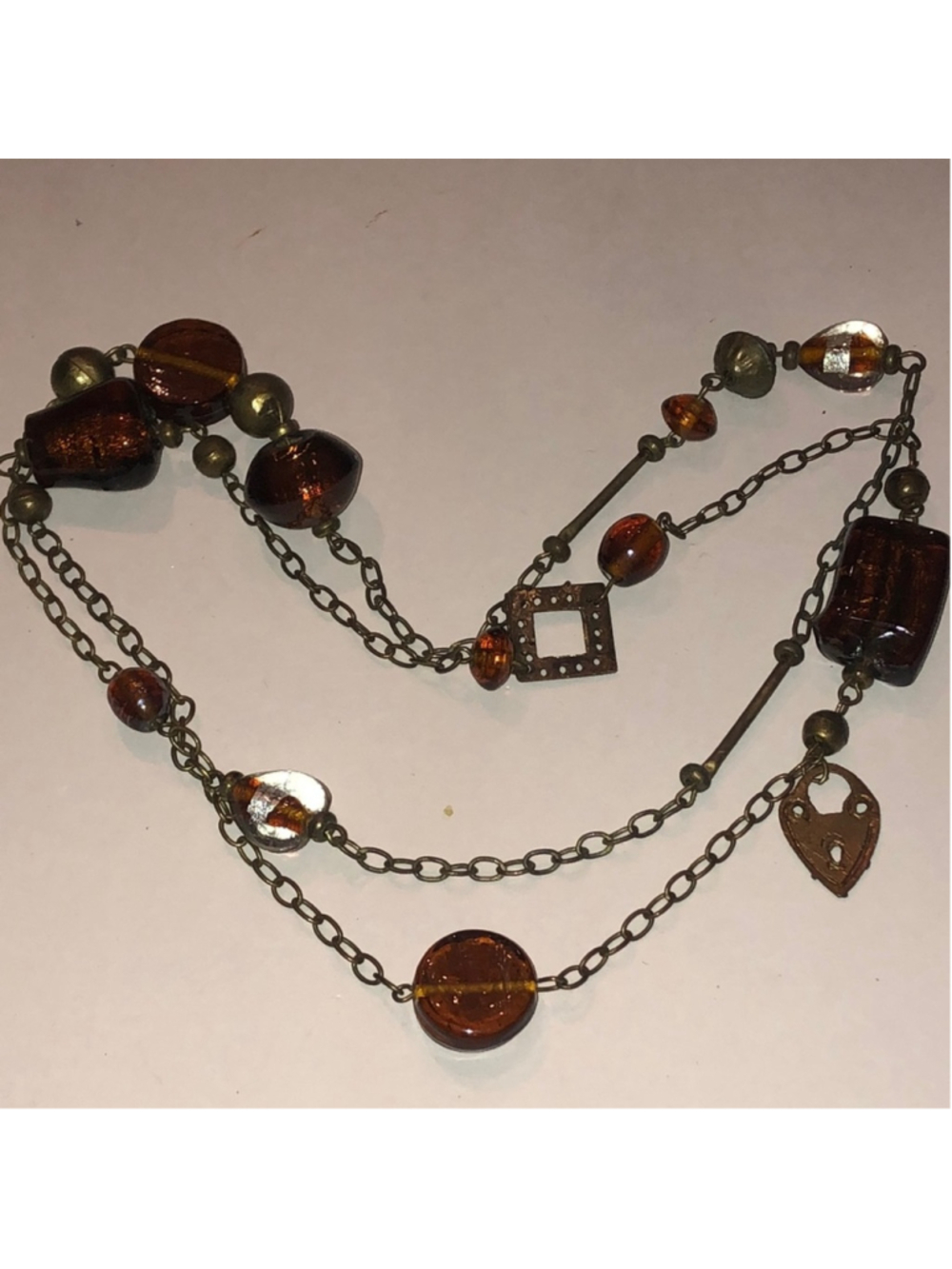 Elegant Brass Tone Amber Color Glass Boho Beaded Necklace